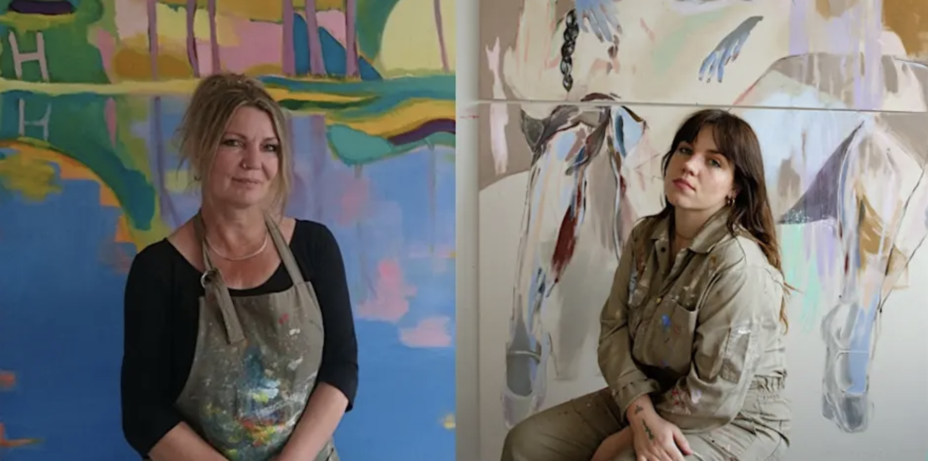 two images next to one another showing portraits of two artists sitting in front of their paintings.