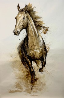 A dramatic image of a horse galloping, created with ink and coffee on white paper