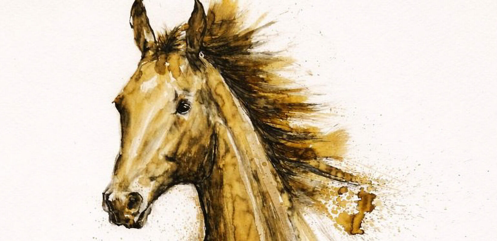 a striking artwork featuring a galloping horse, created in coffee and ink